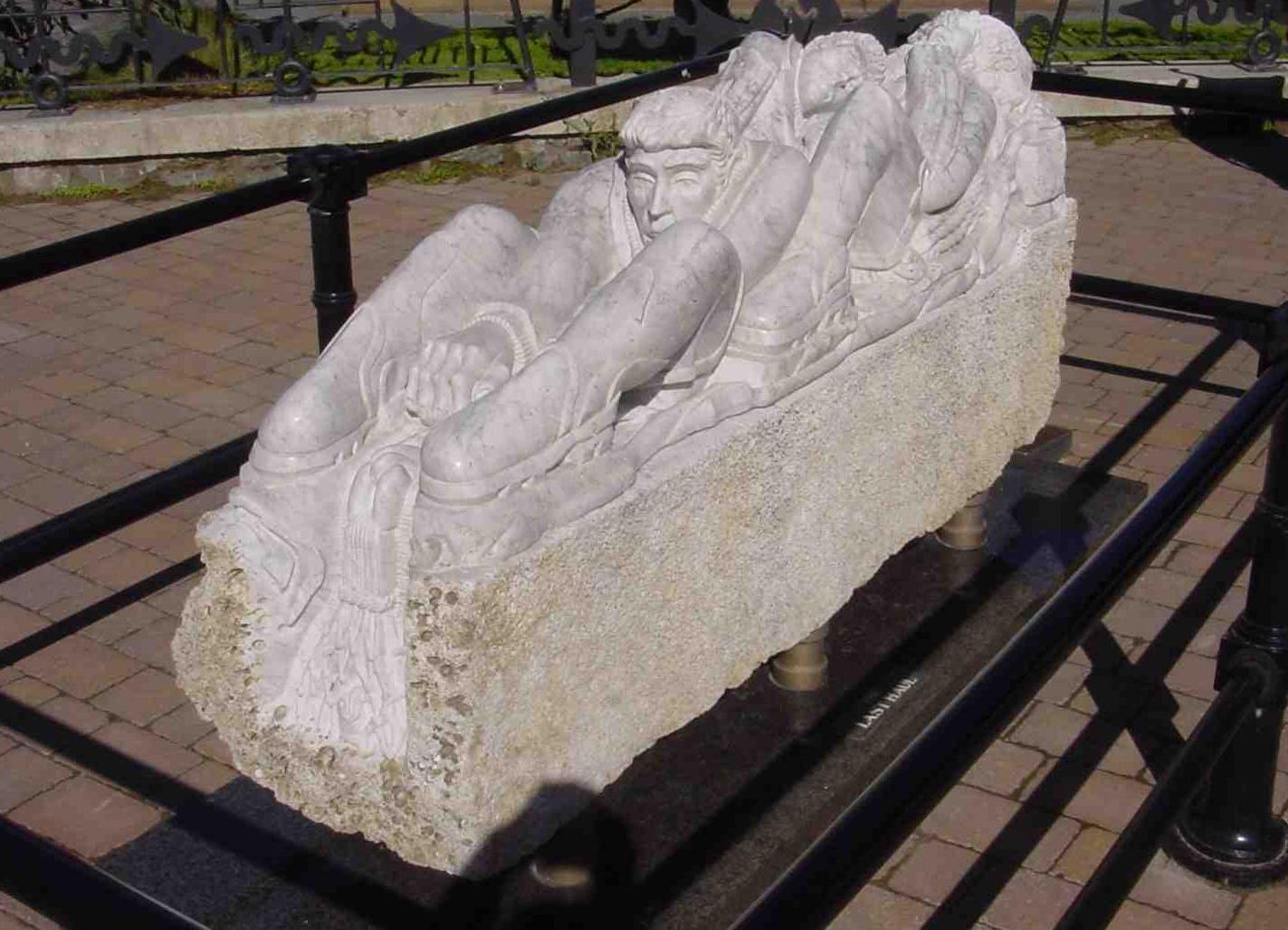 One of the blocks of marble that was recovered from the Tal-y-Bont site that has been carved and is now on display on the quayside in Barmouth